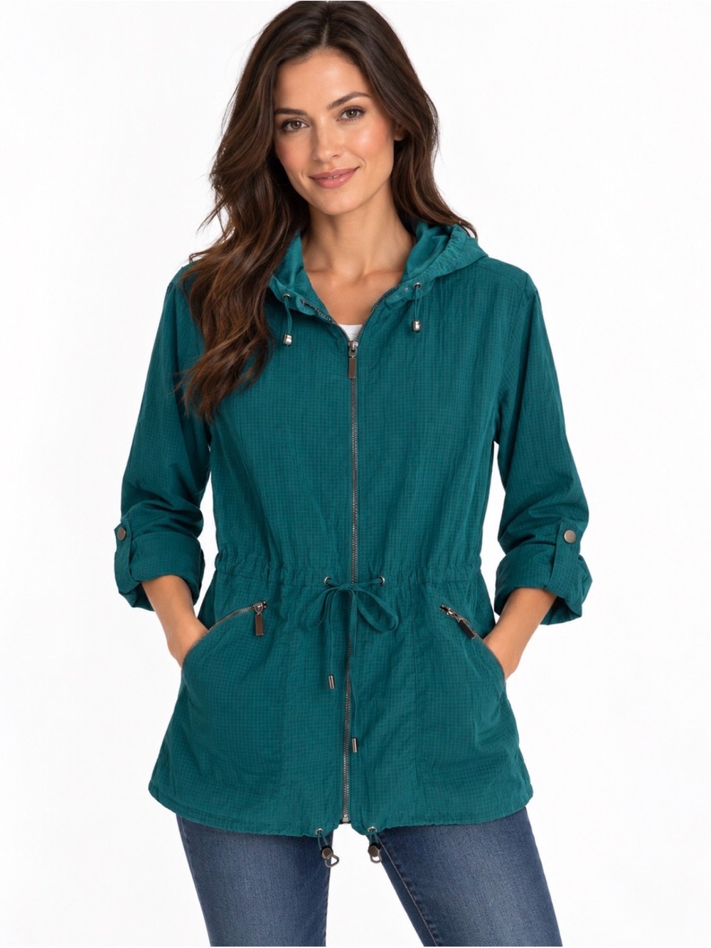 Chico’s Women’s Hooded Anorak Rain jacket Drawstring Waist Green Size 0.5 - US 6